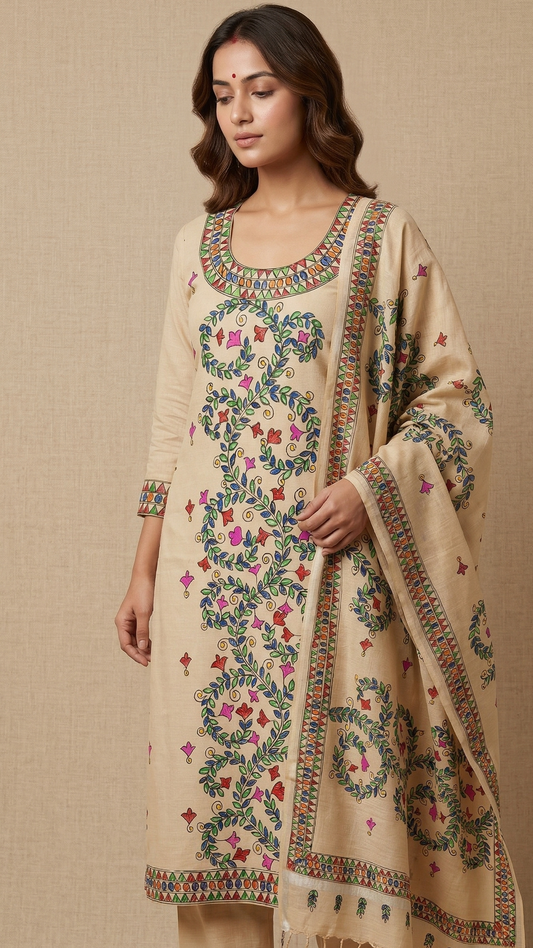 Hand-Painted Madhubani Cotton Suit Set – Beige | 3-Piece Unstitched