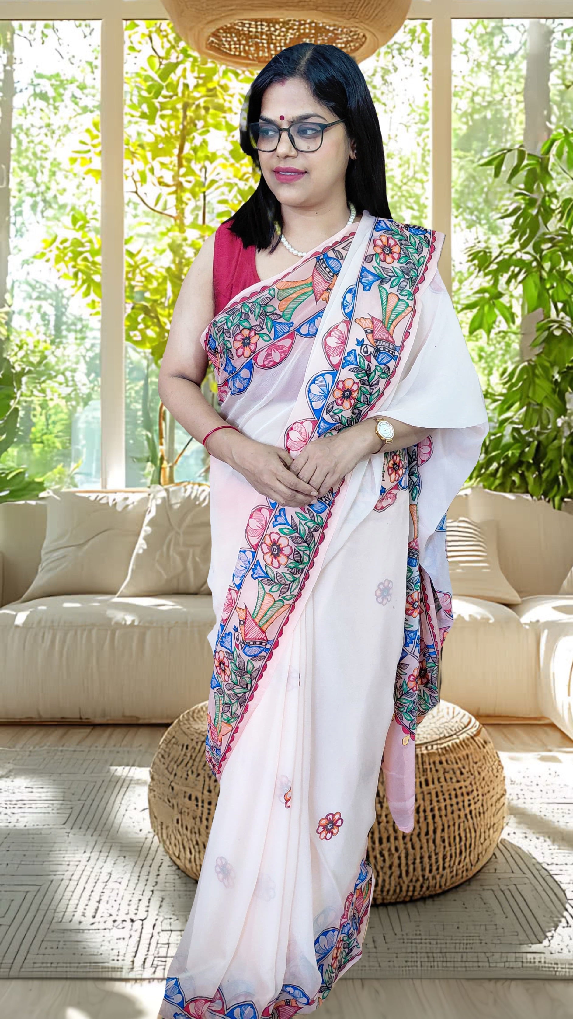 Woman wearing blush pink Pure Chiffon Madhubani hand-painted Peacock Garden saree front view