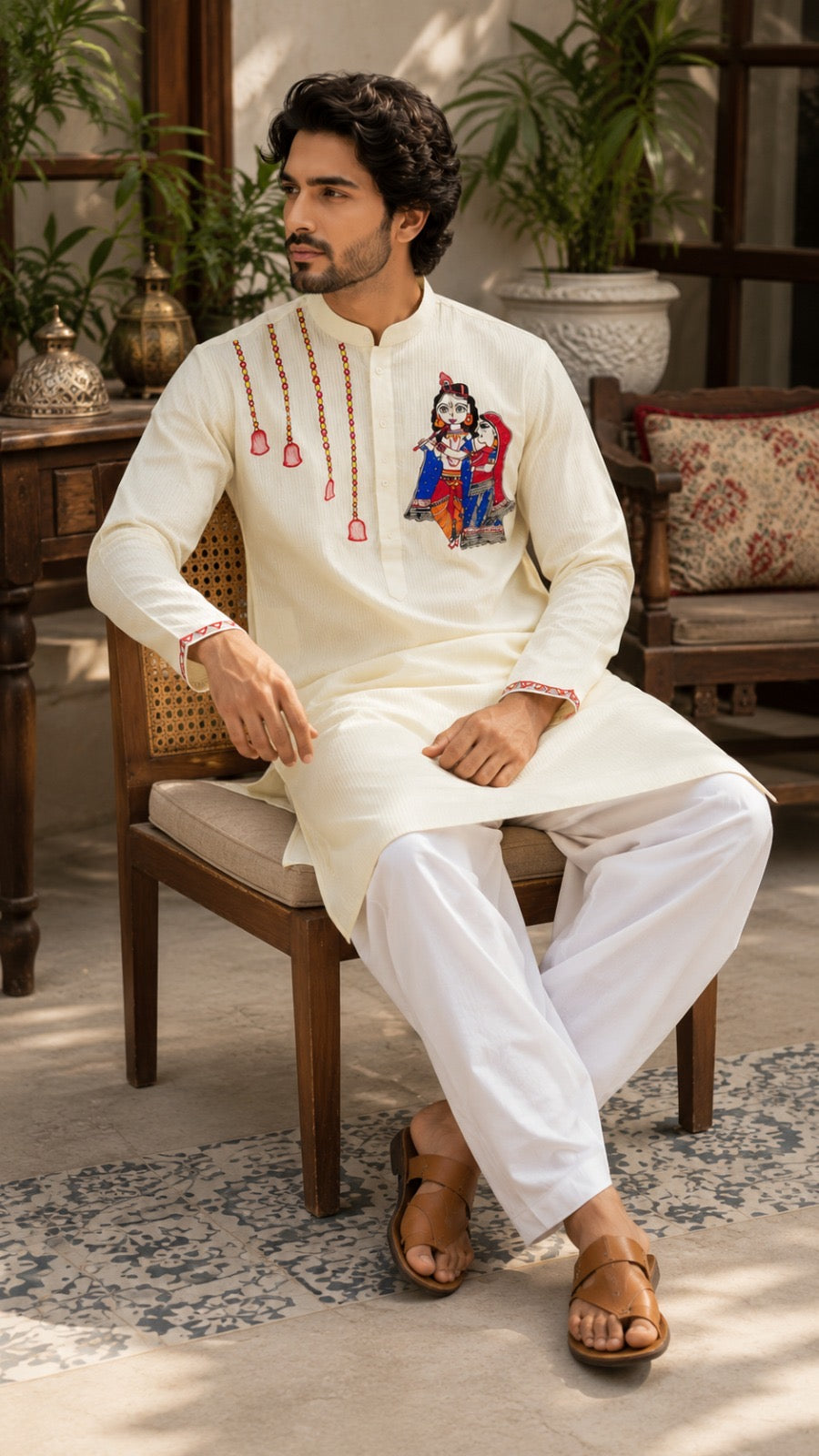 Cream Premium Linen-Cotton Hand-Painted Radha Krishna Madhubani Kurta Pyjama Set