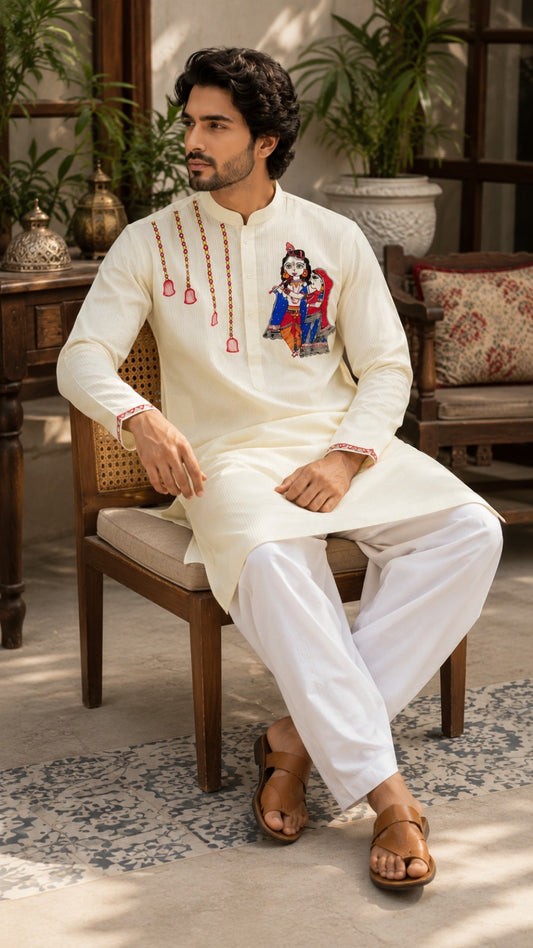 Cream Premium Linen-Cotton Hand-Painted Radha Krishna Madhubani Kurta Pyjama Set