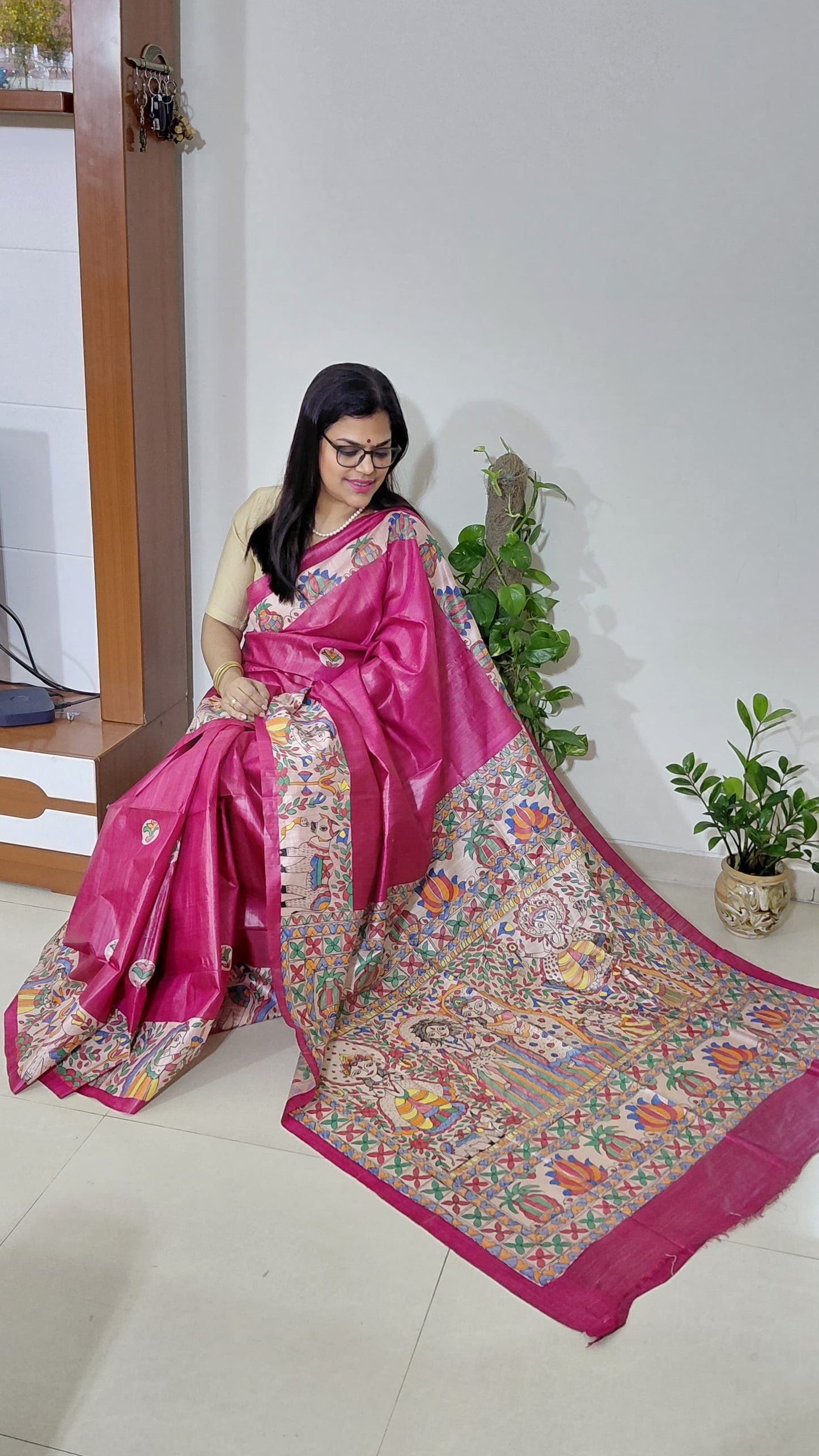 Rani pink tussar silk saree with traditional Mithila motifs