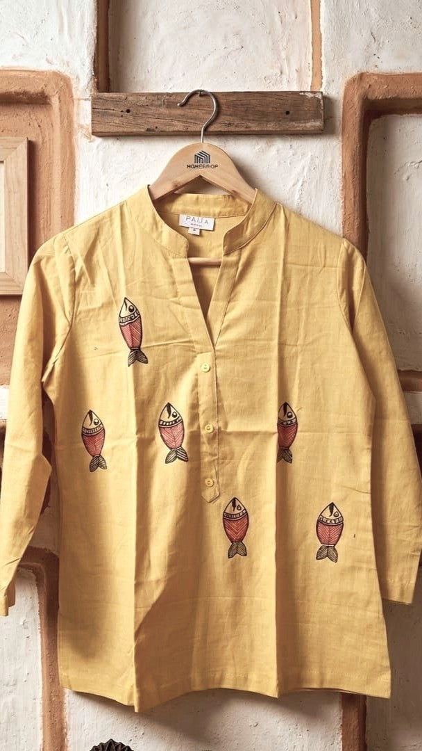 Butter Yellow Pure Cotton Hand-Painted Madhubani Nature Motif Short Kurta