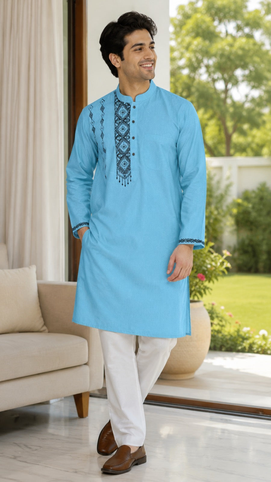 Sky Blue Premium Linen Cotton Hand-Painted Madhubani Kurta Pyjama Set