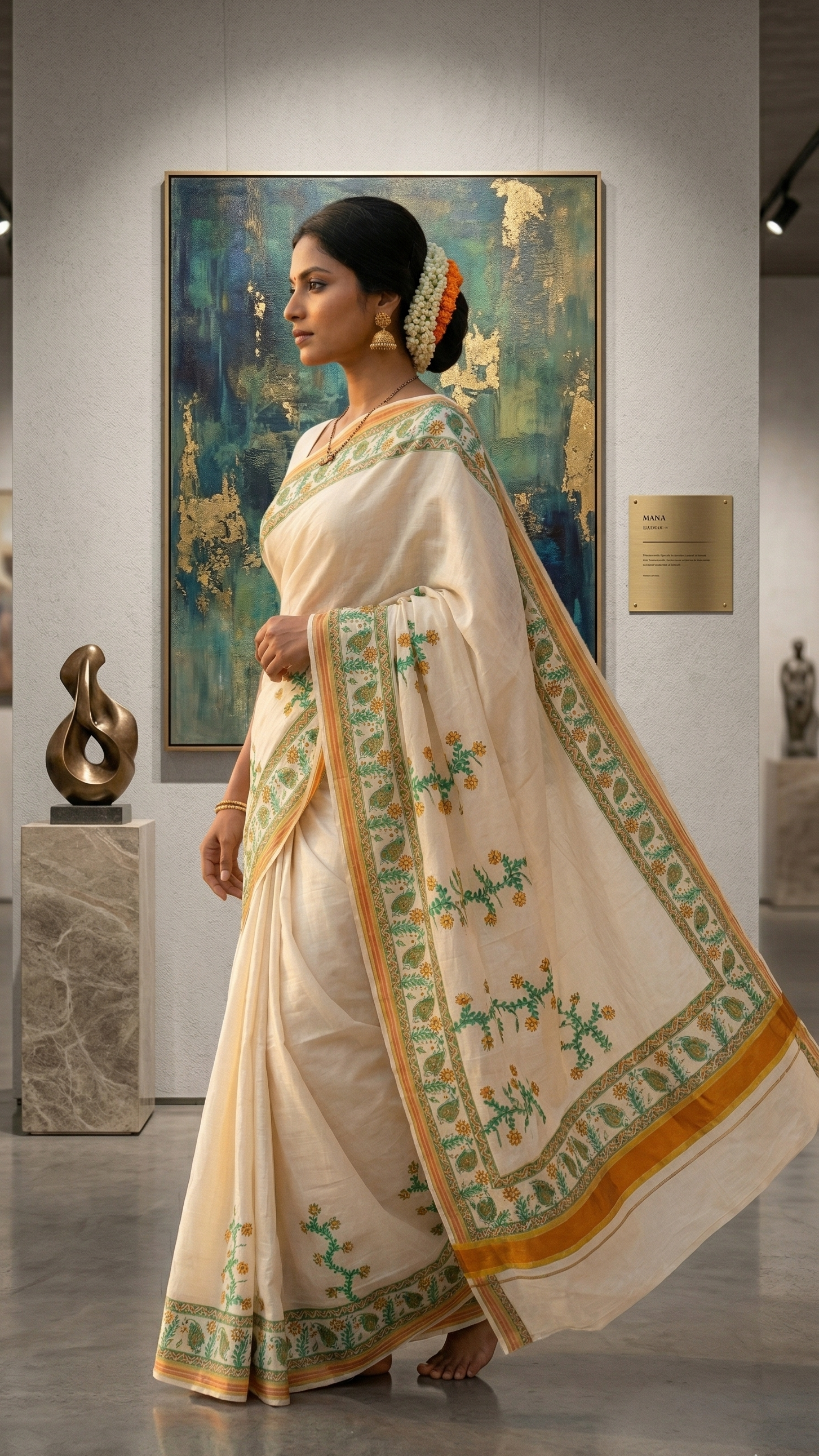 Keral Cotton Kasavu Saree Mithila Hand Painting
