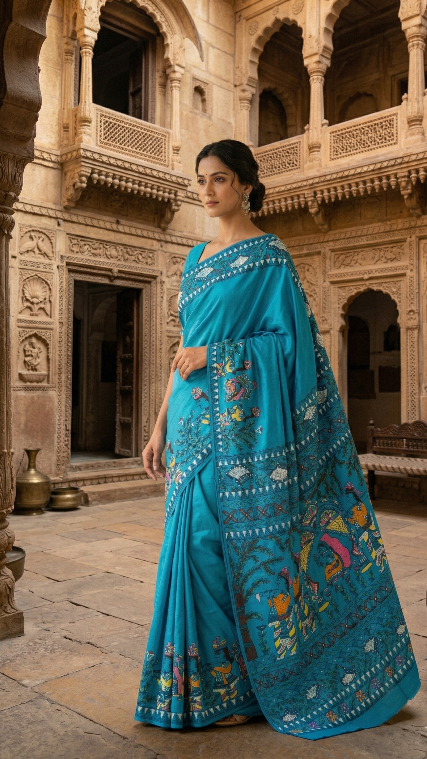 turquoise blue madhubani silk saree doli kahar theme