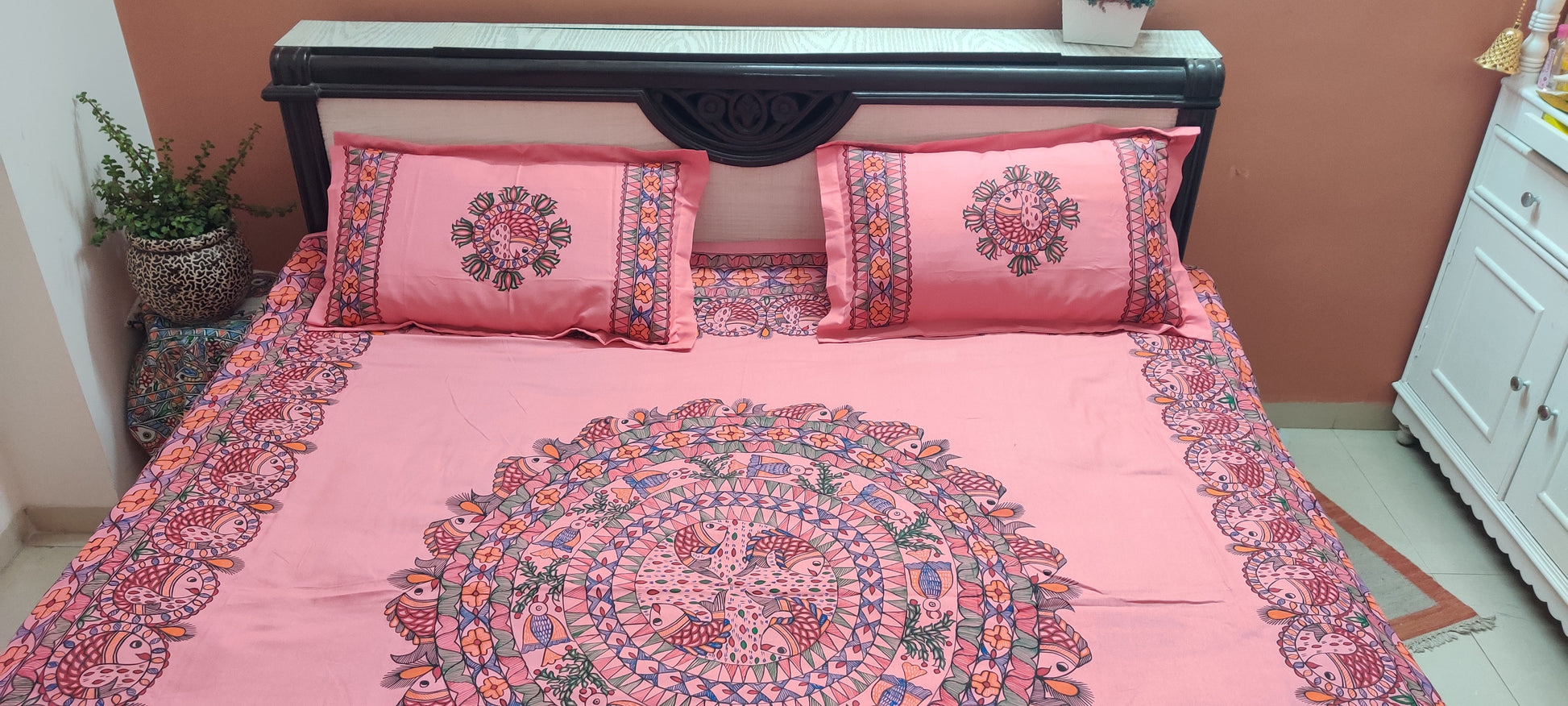 handpainted Pink Bedsheet Madhubani Pillow Covers