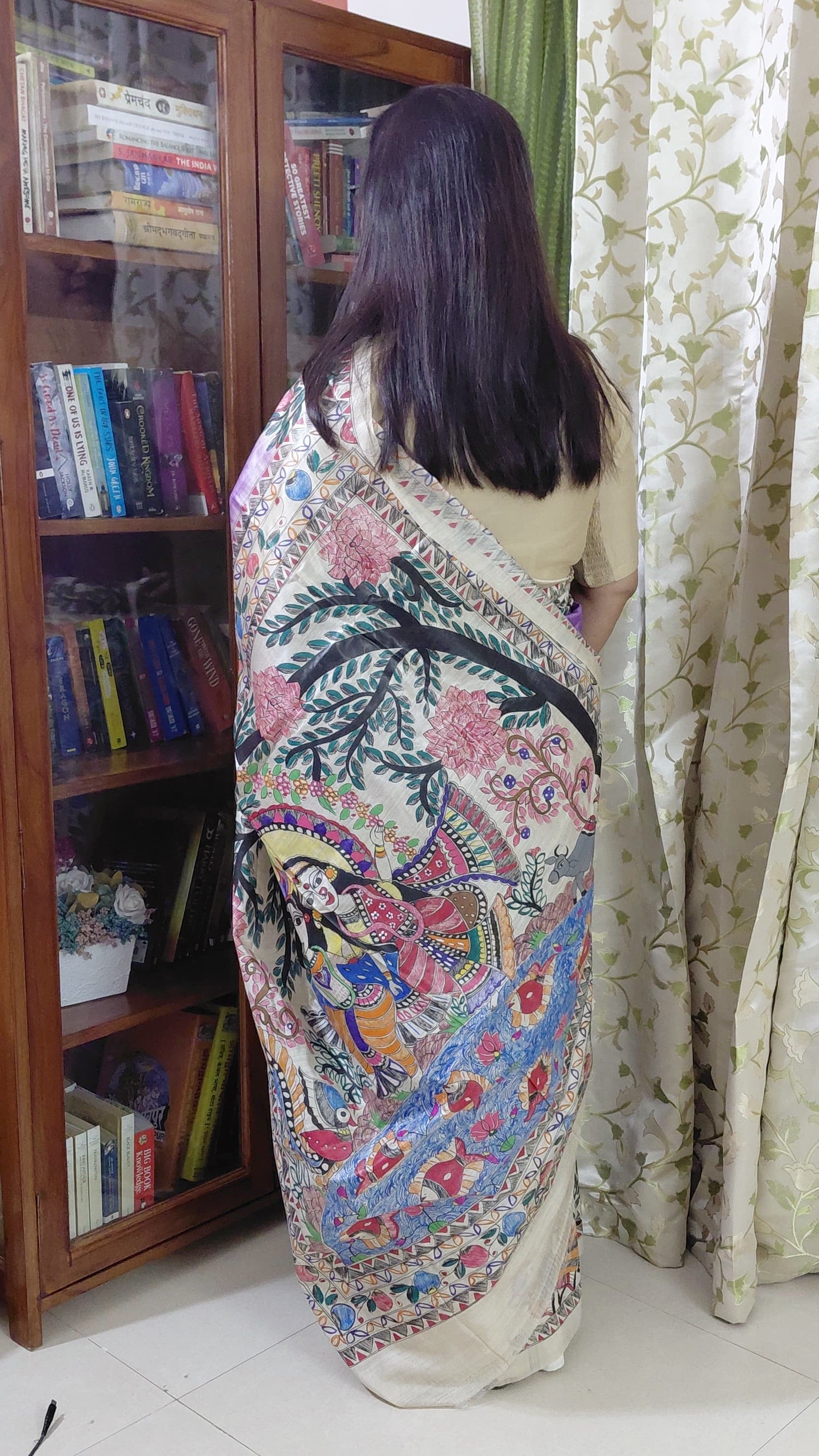 Back view of saree showing full Jhoola Leela madhubani artwork
