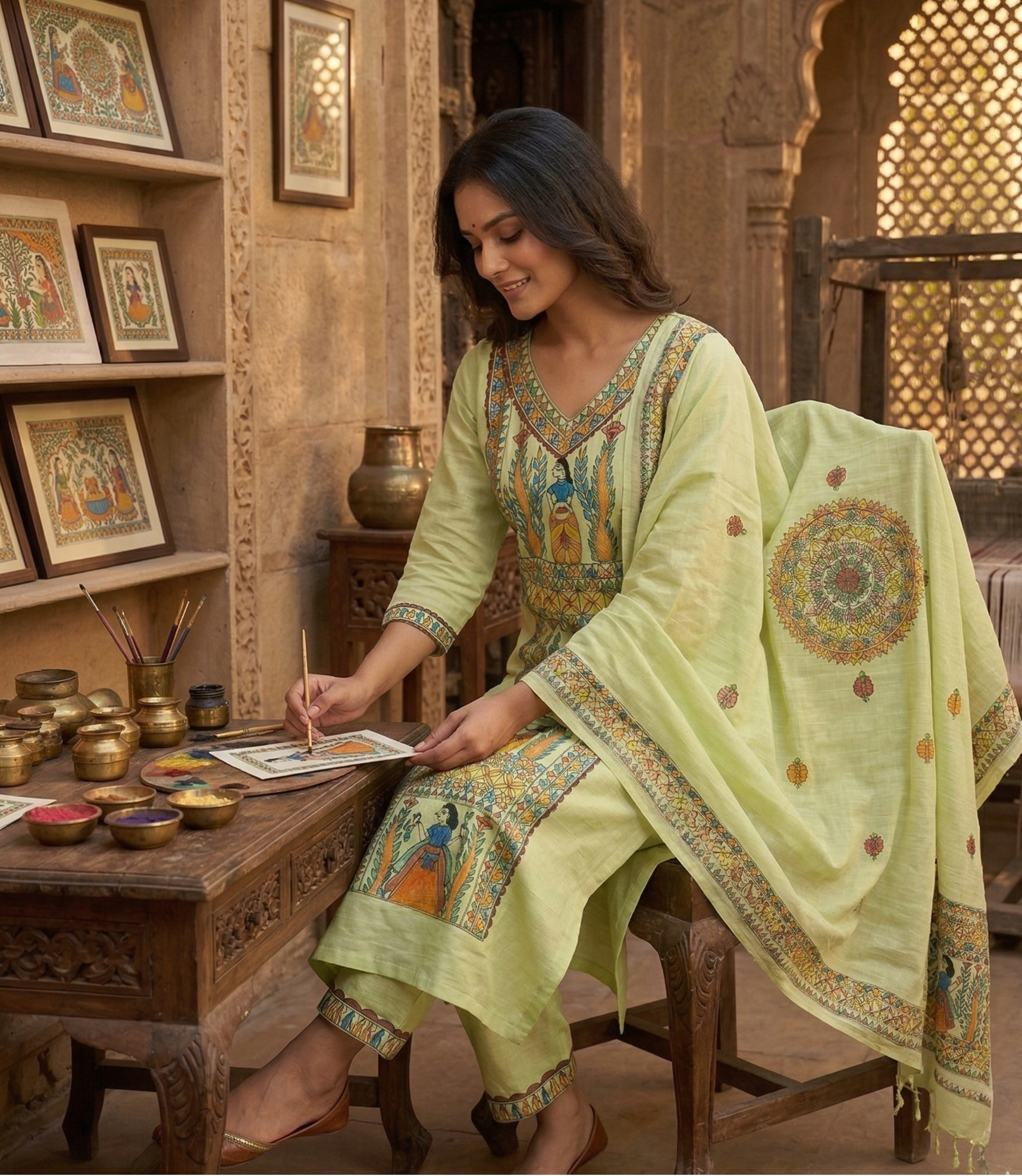 Woman in green Madhubani cotton suit sitting and painting, showcasing detailed hand-painted ethnic design