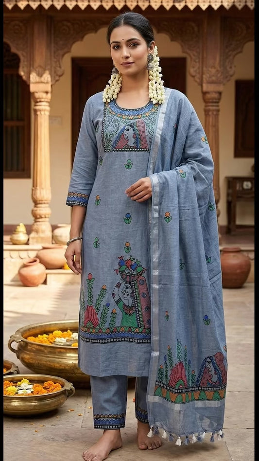 Hand-Painted Madhubani Cotton Slub Suit Set – Dusty Blue