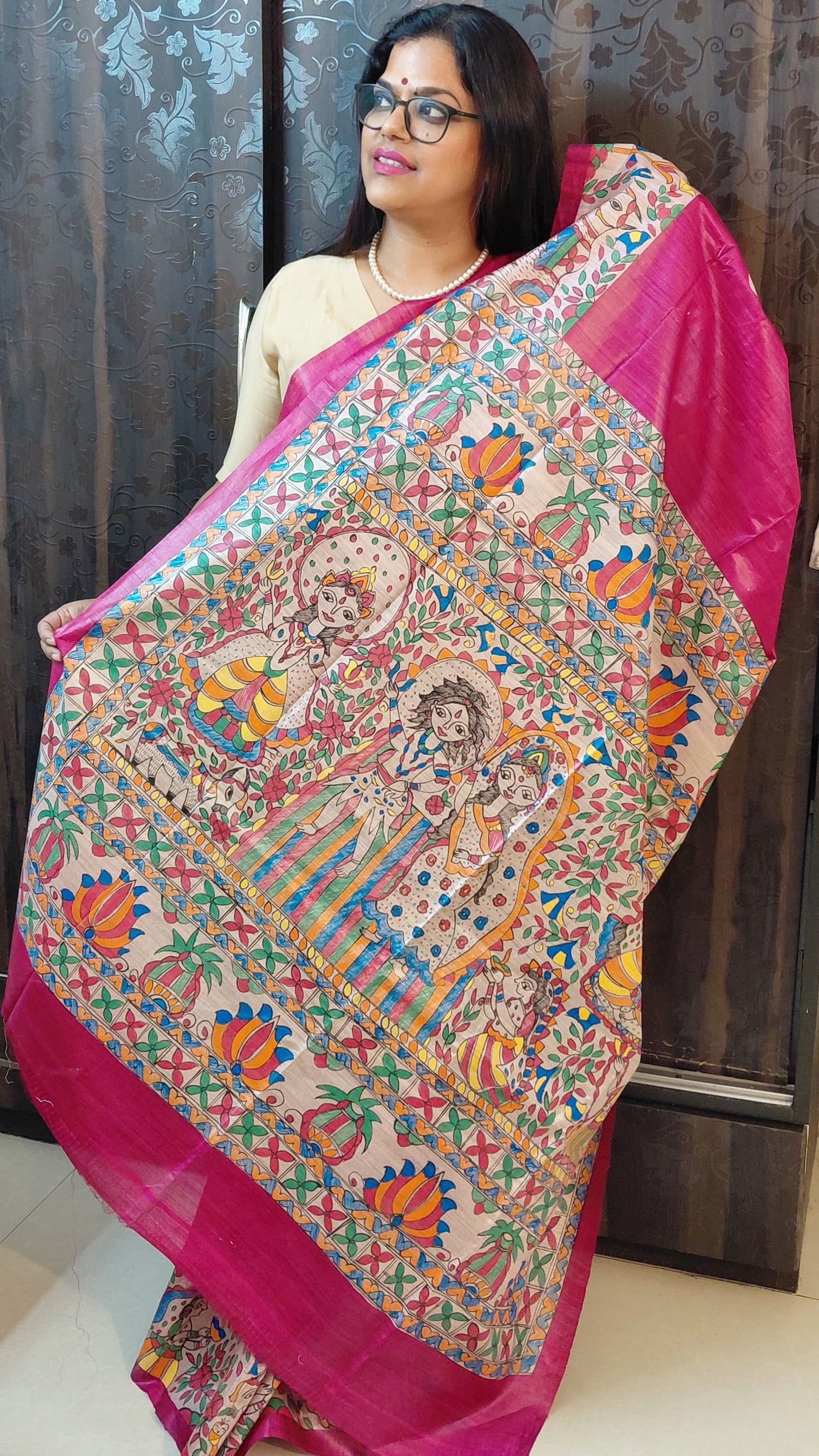 Detailed pallu showing Lord Shiva Parvati Madhubani painting